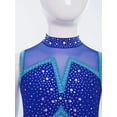 thumbnail image 4 of Xnihocha Girls Feather Skirt Leotard Latin Jazz Dance Bodysuit Rhinestones Color Block Sleeveless Jumpsuit Blue 16, 4 of 7