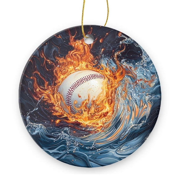 Round Christmas Ornament Xmas Keepsake Ceramic Ornaments Holiday Decorations for Tree Christmas Gift Ideas 2.95in - Baseball Enveloped By Fire And Waves