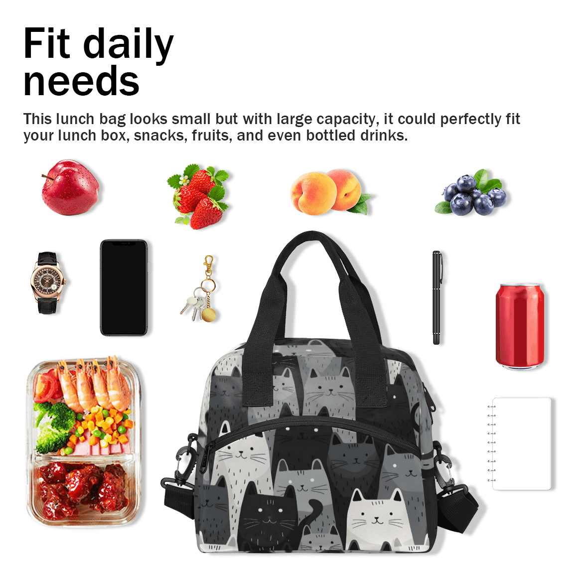Herdesigns Cat Insulated Lunch Bag for Women Men Adults Large Reusable Lunch Box Gray White Black Cat Leakproof Cooler Tote Bags with Adjustable Shoulder Strap