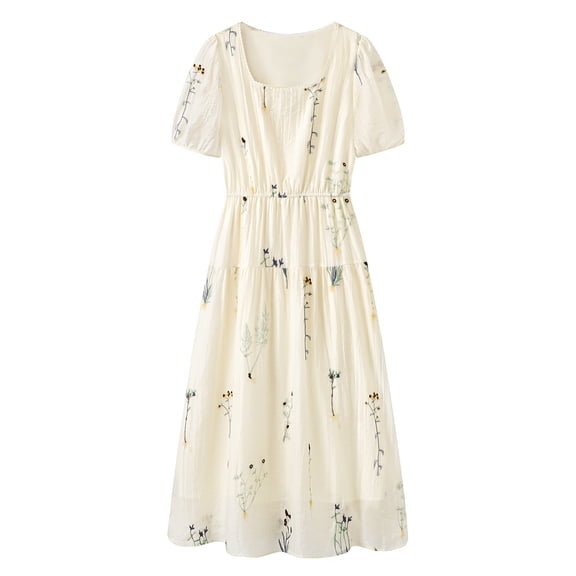 Women's Tiered Midi Dress Puff Sleeve Square Neck Floral Embroidered Cream White