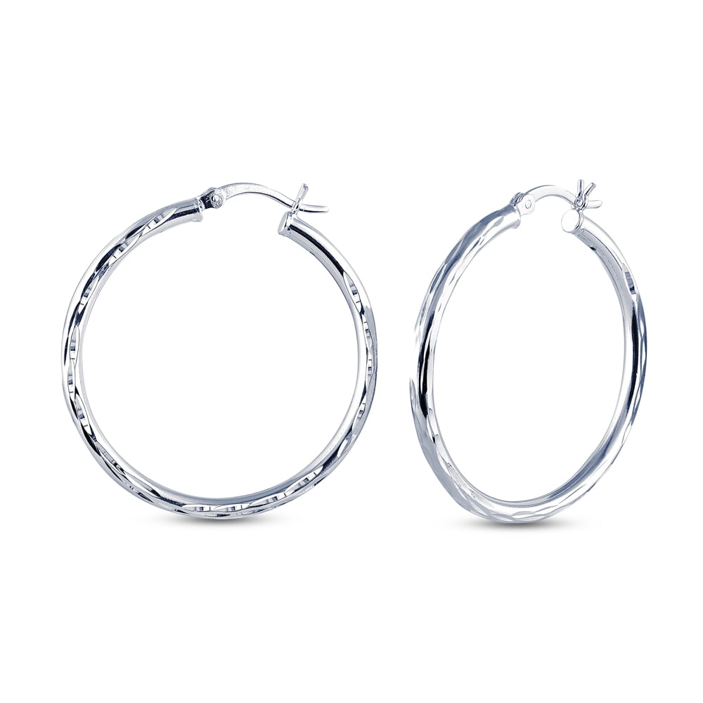 LeCalla 925 Sterling Silver Diamond-Cut Click Top Hoop Earrings 2.5MM Thick Italian Light-Weight Earrings for Women 35MM