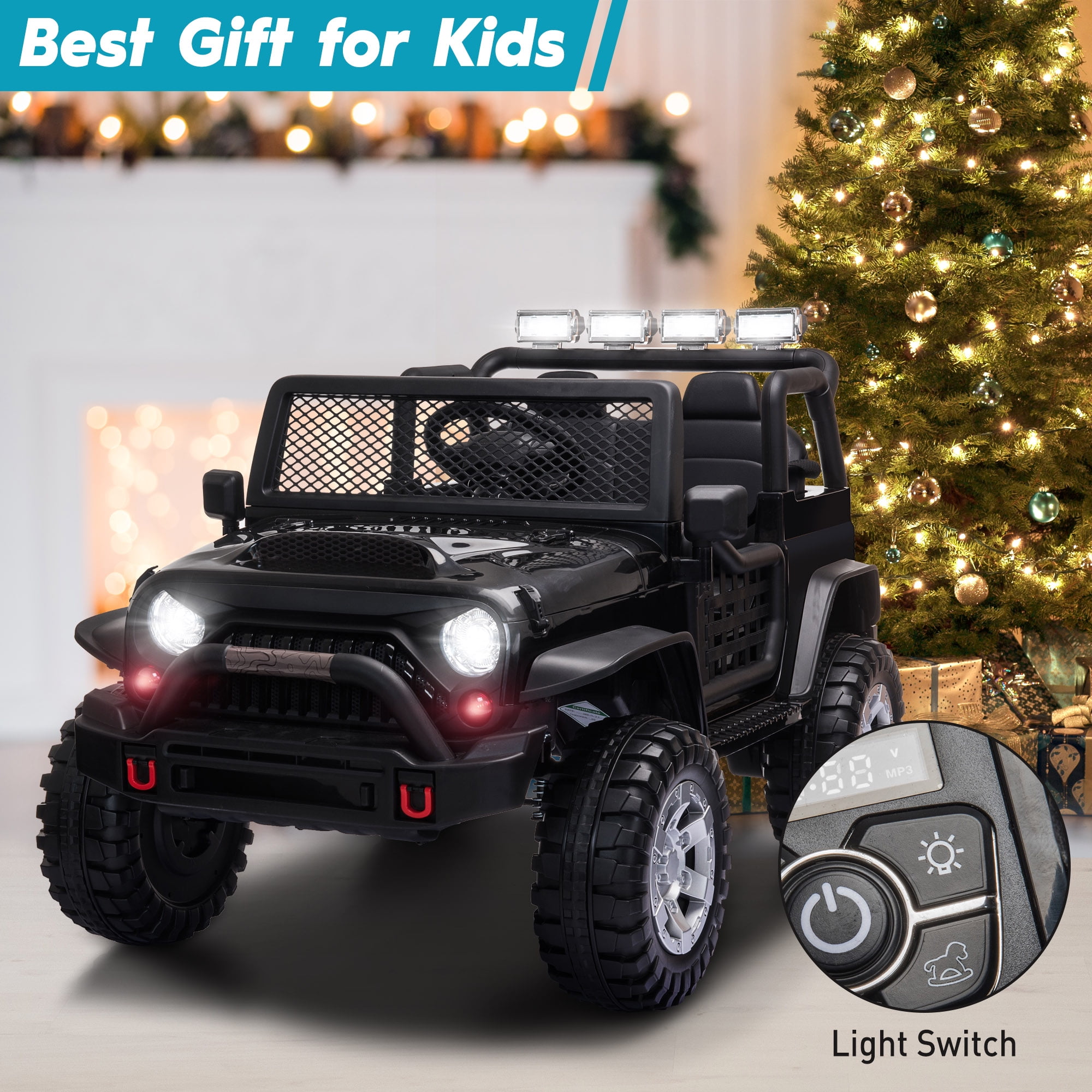 TOBBI 12V Kids Ride on Car, Jeep Car with Remote Control, LED Lights, Music, Horn, Bluetooth, Spring Suspension, Rocking, Black