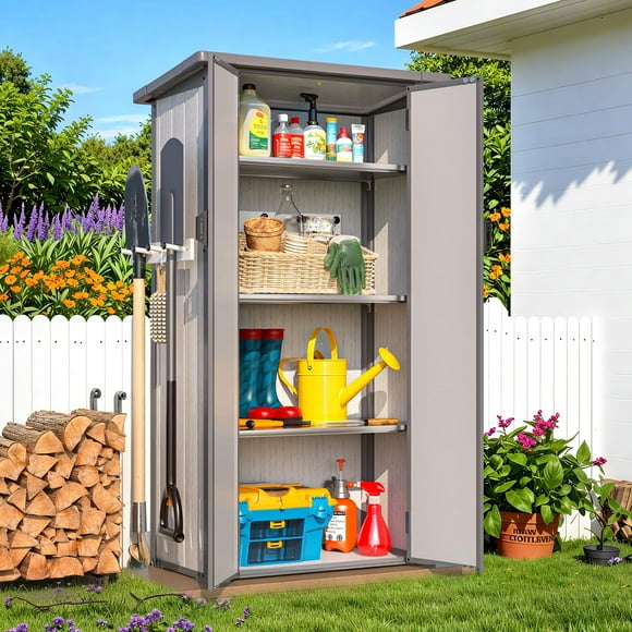 YODOLLA Tall Resin Outdoor Storage Cabinet with Adjustable Shelves, Vertical Plastic Small Garden Tool Storage Cabinet with Waterproof for Backyard Garden Patio Lawn, Grey