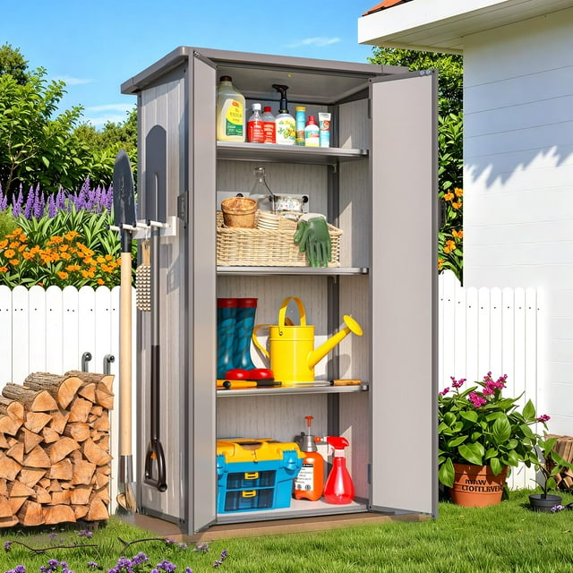 YODOLLA Armoire de Rangement Extérieure Haute en Résine avec Tablettes Ajustables, Petite Armoire Verticale en Plastique pour Outils de Jardin avec Étanchéité pour Cour Arrière, Jardin, Patio, Pelouse, Gris