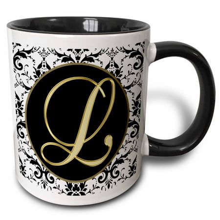 3dRose Image of The Script Letter L in Black White and Gold - Two Tone Black Mug, 11-ounce