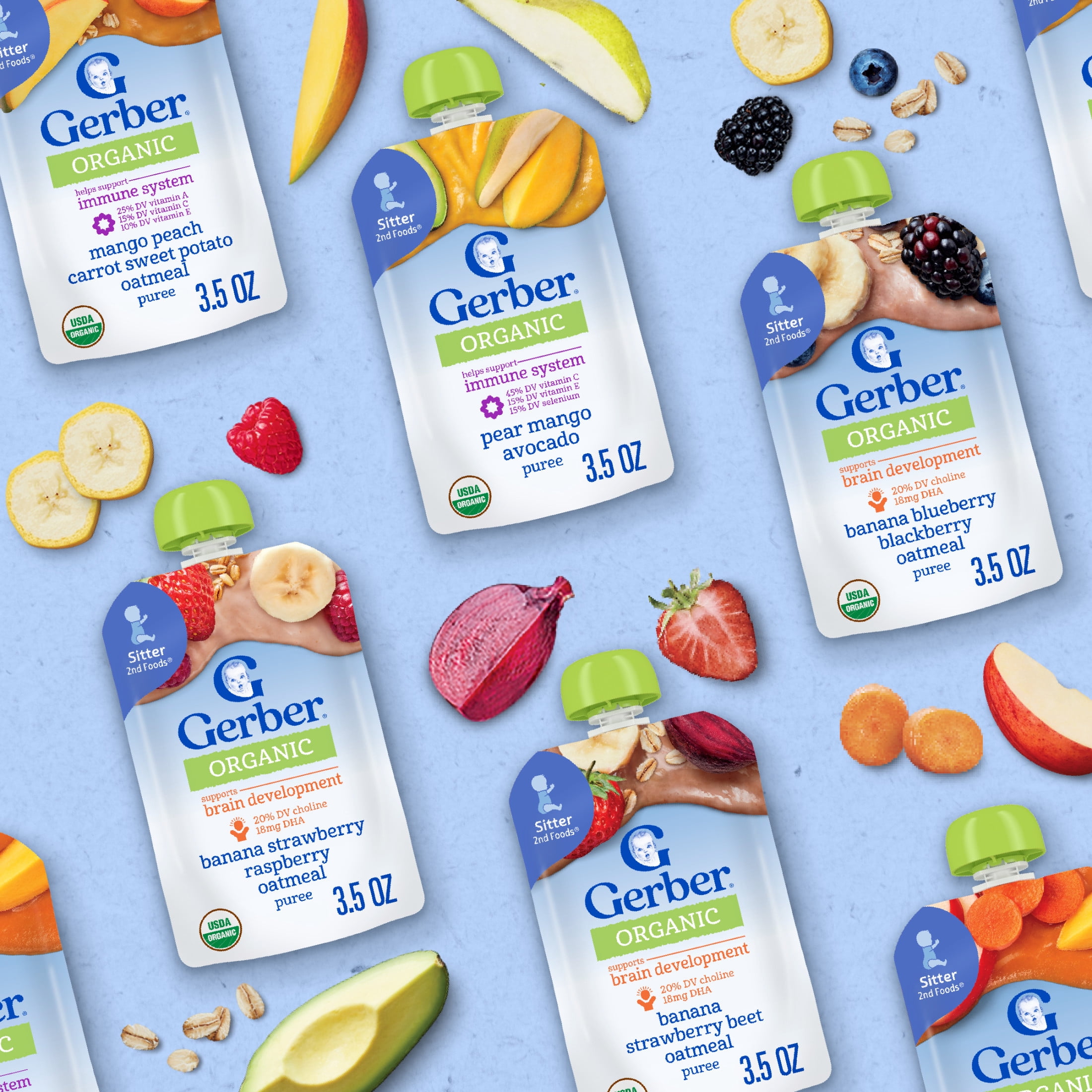(2 pack) Gerber Organic Stage 2 Baby Food, Immune Builder Variety Pack Puree, 3.5 oz Pouches (9 Pack)