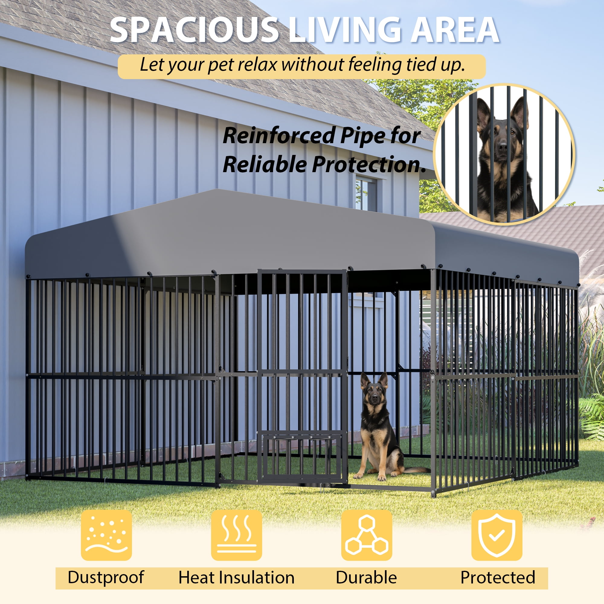 LZBEITEM 10x10ft Heavy Duty Outdoor Dog Kennel, Large Metal Dog Run Playpen with Waterproof UV-Resistant Cover & 360° Rotating Bowl Holder, Black