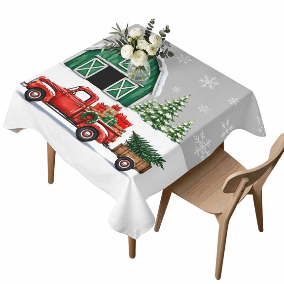 Waterproof Tablecloth Christmas Tree Red Truck Square Table Cloth 54x54in,Wipeable Washable Table Cover Green Barn Winter Snowflakes Tablecloths for Dining Tables Kitchen Picnic Outdoor Party