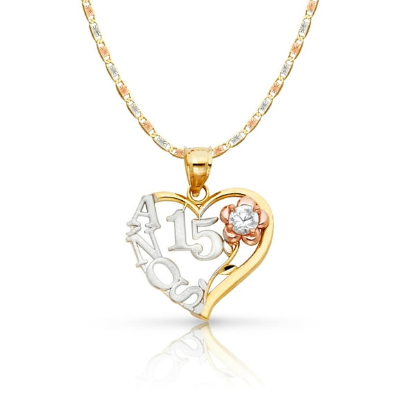 14K Tri Color Gold Sweet 15 Years Quinceanera Heart Charm Pendant with 2.6mm Valentino Star Diamond Cut Chain Necklace