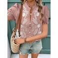 thumbnail image 3 of Women'S Summer Tops 2025 Casual Ruffle V Neck Puff Short Sleeve Button Down Shirts Embroidered Blouses Pink XL, 3 of 7