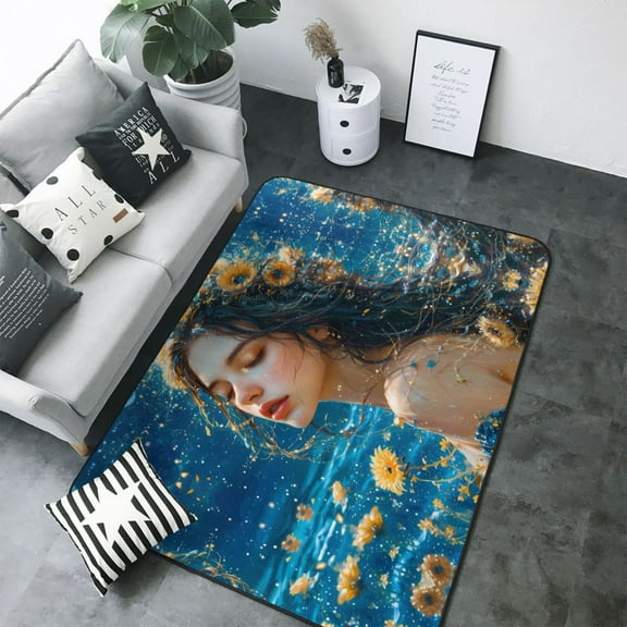 Area Rugs For Living Room Decor - Fresh Sunflower Beautiful Woman Soft Anti Slip Throw Washable Rugs 5x7 For Bedroom, Indoor Carpet For Bedroom Living Room 80x58In