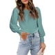 thumbnail image 1 of Jersey de mujer con manga abullonada y cuello redondo, decoración de botones, Color sólido, corte holgado, Top para otoño, verde lago XL, 1 of 8