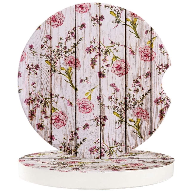 RYLABLUE Pink Carnation Flower on Vintage Wooden Board Set of 6 Car Coaster for Drinks, Absorbent Ceramic Stone Coasters Cup Mat with Cork Base for Home Kitchen Room Coffee Table Bar Decor