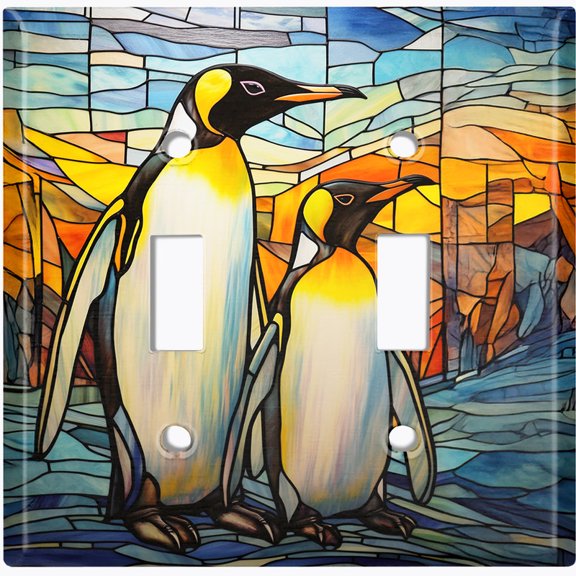 Metal Light Switch Wall Plate Outlet Cover (Printed Image of Stained Glass Penguins - Double Toggle)