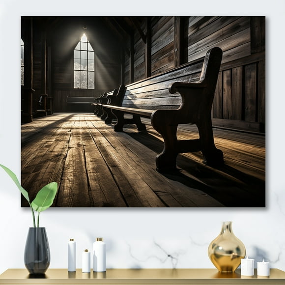 Designart church Wall art decor, Church Wall art, Contemplation on Church Benches , Brown Large Traditional Canvas wall art, 32x16 inches
