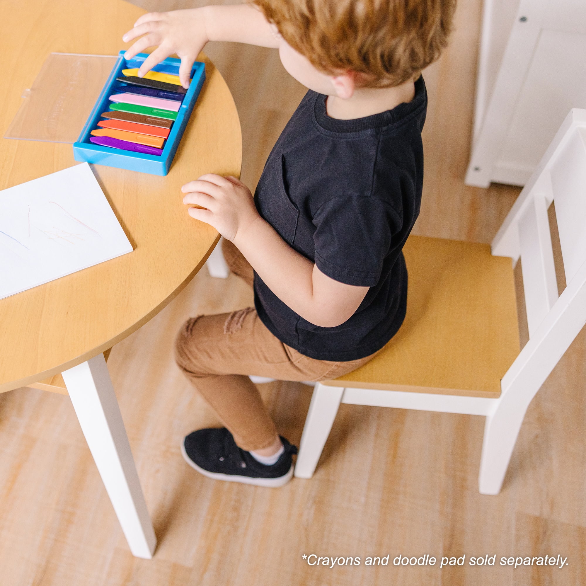 Melissa & Doug Wooden 3-Piece Kids Round Activity Table and Chair Set, Light Woodgrain/White