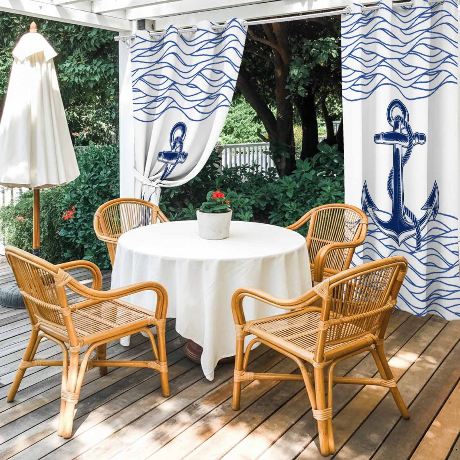 Blue White Anchor Outdoor Curtains for Patio, Nautical Navy Blue Ocean Waves Anchor Sunshade Privacy Drapes Grommet Waterproof Outside Curtains for Porch/Cabana/Balcony 54"x 95", 2 Panel