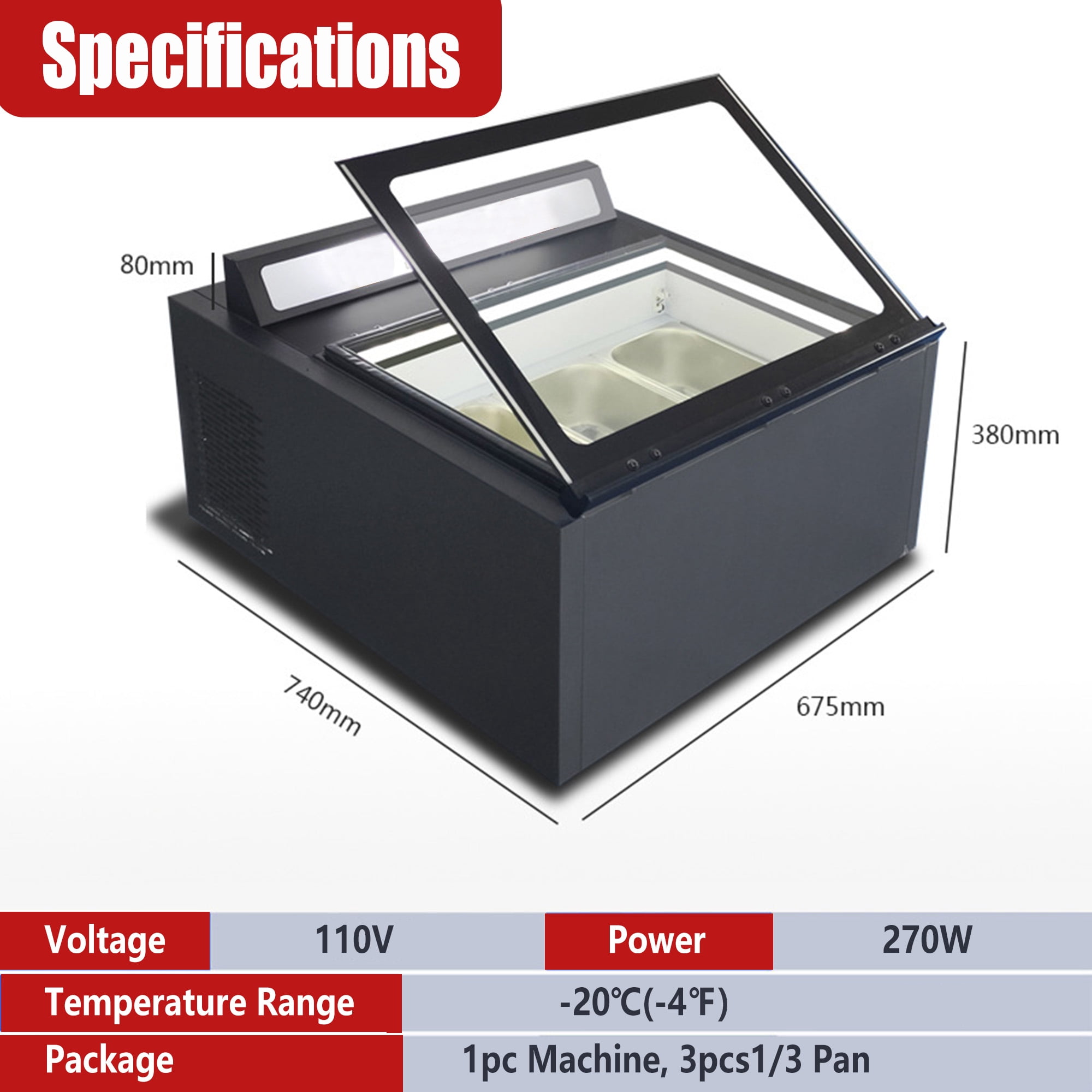 Mvckyi Gelato Display Case 1/3GN Pan, Ice Cream Freezer Showcase Cabinet, Counter Cycle Refrigeration with Led Lighting, Fast Cooling Sorbet Chest Fridge