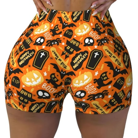 Workout Shorts Women  Happy Halloween1 Biker Shorts for Women Running Gym Spandex Shorts Tummy Control