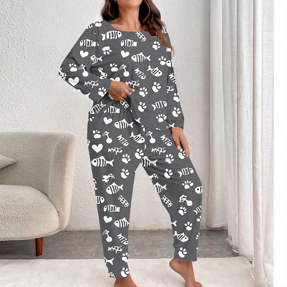 FDGIU Women's Plus Size Pajama Set - 2 Piece Soft Heart Printed Loose Fit Long Sleeve Long Pants Loungewear for Valentine's Day