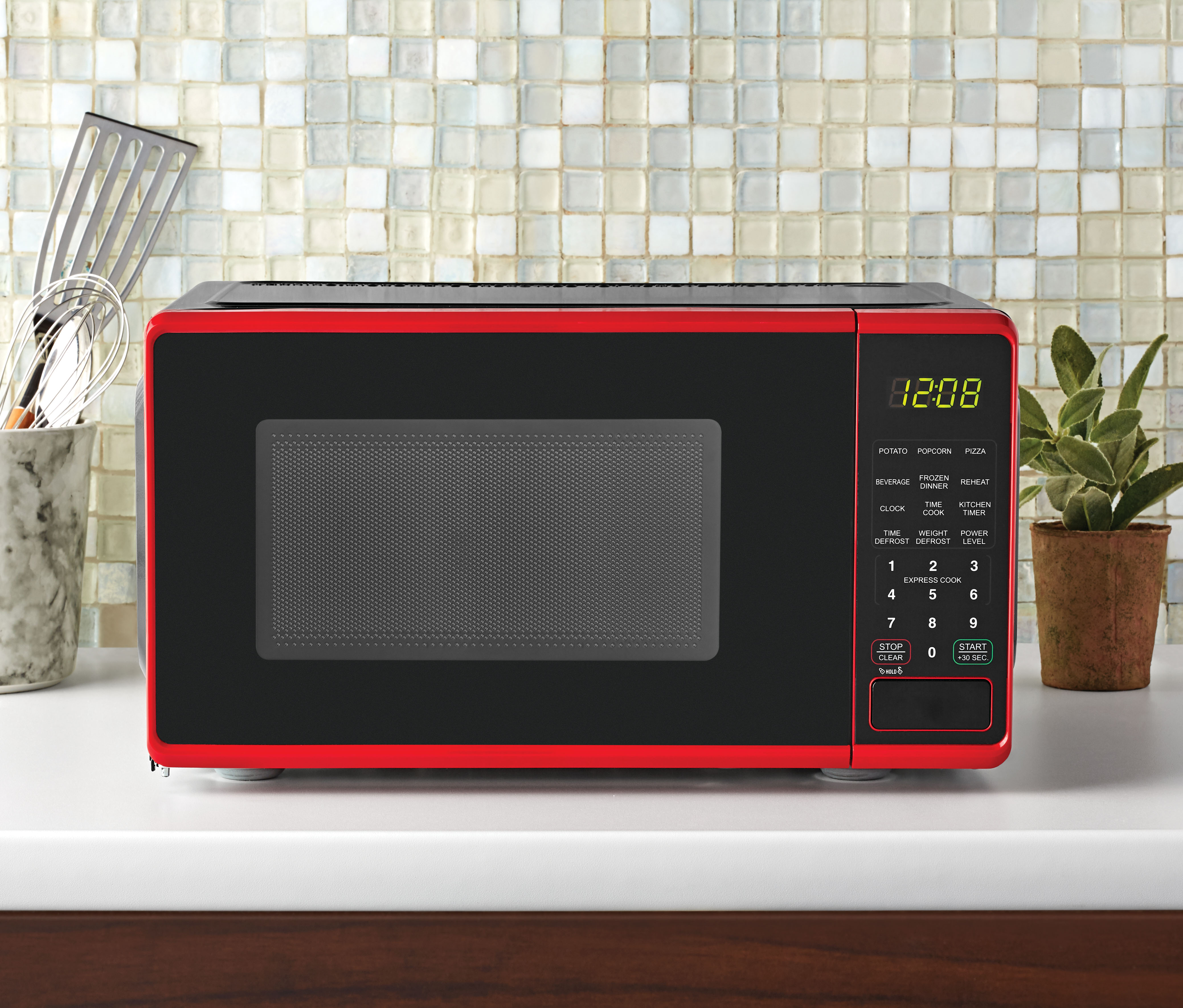 Mainstays 0.7 Cu Ft Compact Microwave Oven – 700 Watts, Bright Red Countertop Model