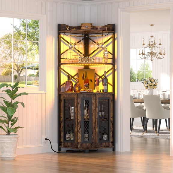 Homieasy Corner Bar Cabinet with Power Outlet, Industrial Wine Cabinet with LED Strip and Glass Holder, 5-Tiers Liquor Cabinet Bar Unit for Home, Corner Display Cabinet for Small Space, Rustic Brown
