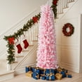 thumbnail image 6 of 7.5ft Snow Flocked Hinged Christmas Tree, Artificial Pencil Christmas Tree with 641 Branch Tips and Sturdy Stand, Xmas Trees for Indoor Outdoor Home Holiday Decoration, Pink, 6 of 10