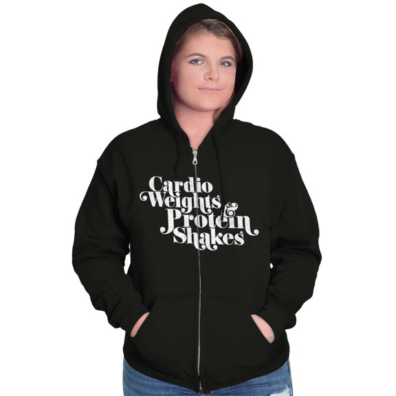 Cute Cardio Weights Protein Shakes Womens Plus Size Graphic Zipper Hoodie Brisco Brands 2X