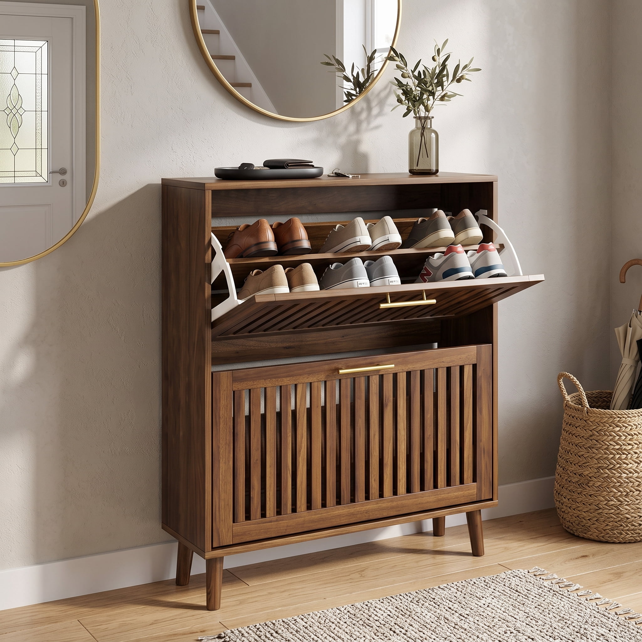 31.5in Shoe Storage Cabinet, Medieval Modern Independent Shoe Cabinet, Fence Shoe Cabinet With 2 Flip Drawers, Suitable For Corridors And Entrances