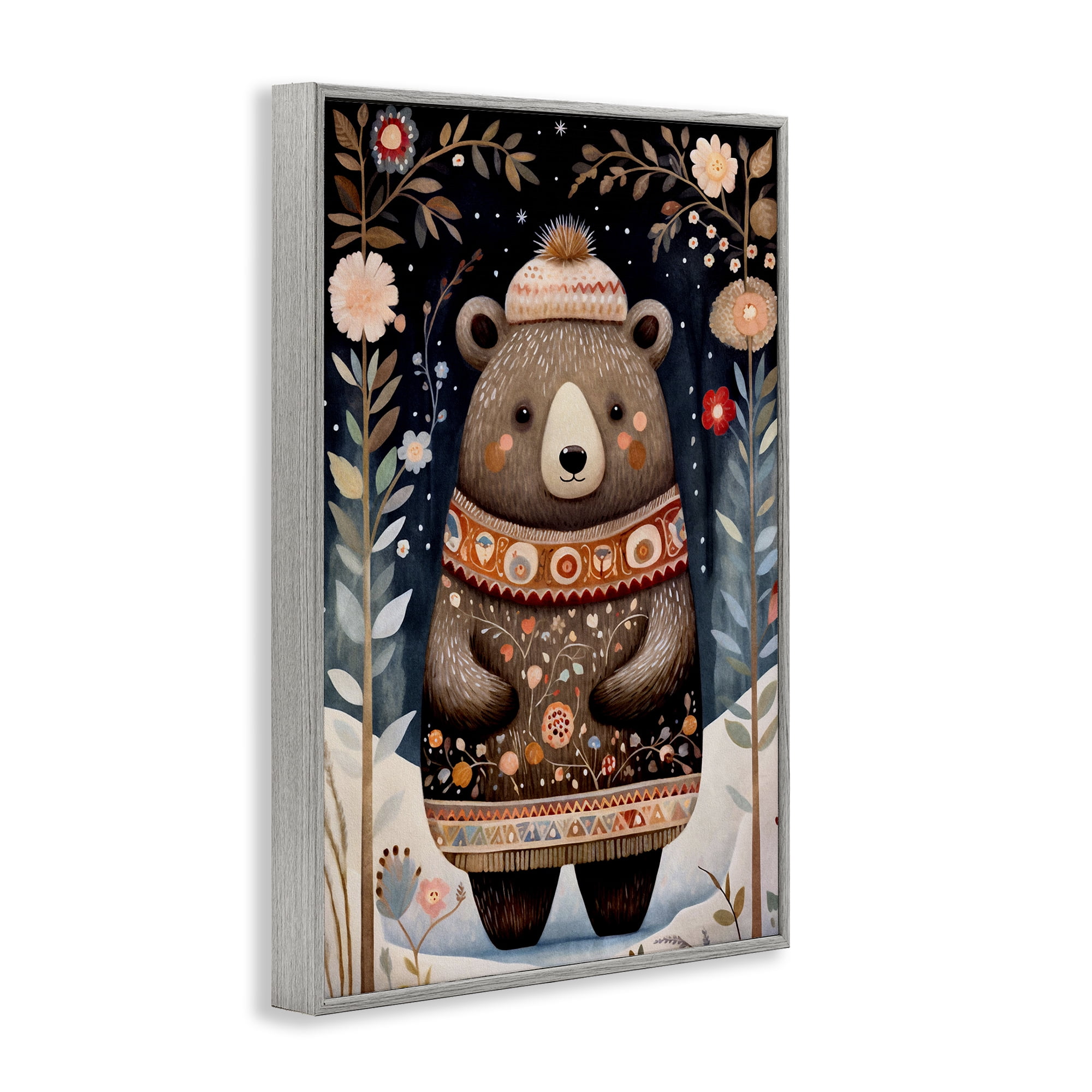 Stupell Industries Winter Woodland Bear Animals & Insects Painting Gray Framed Art Print Wall Art, 12 x 18