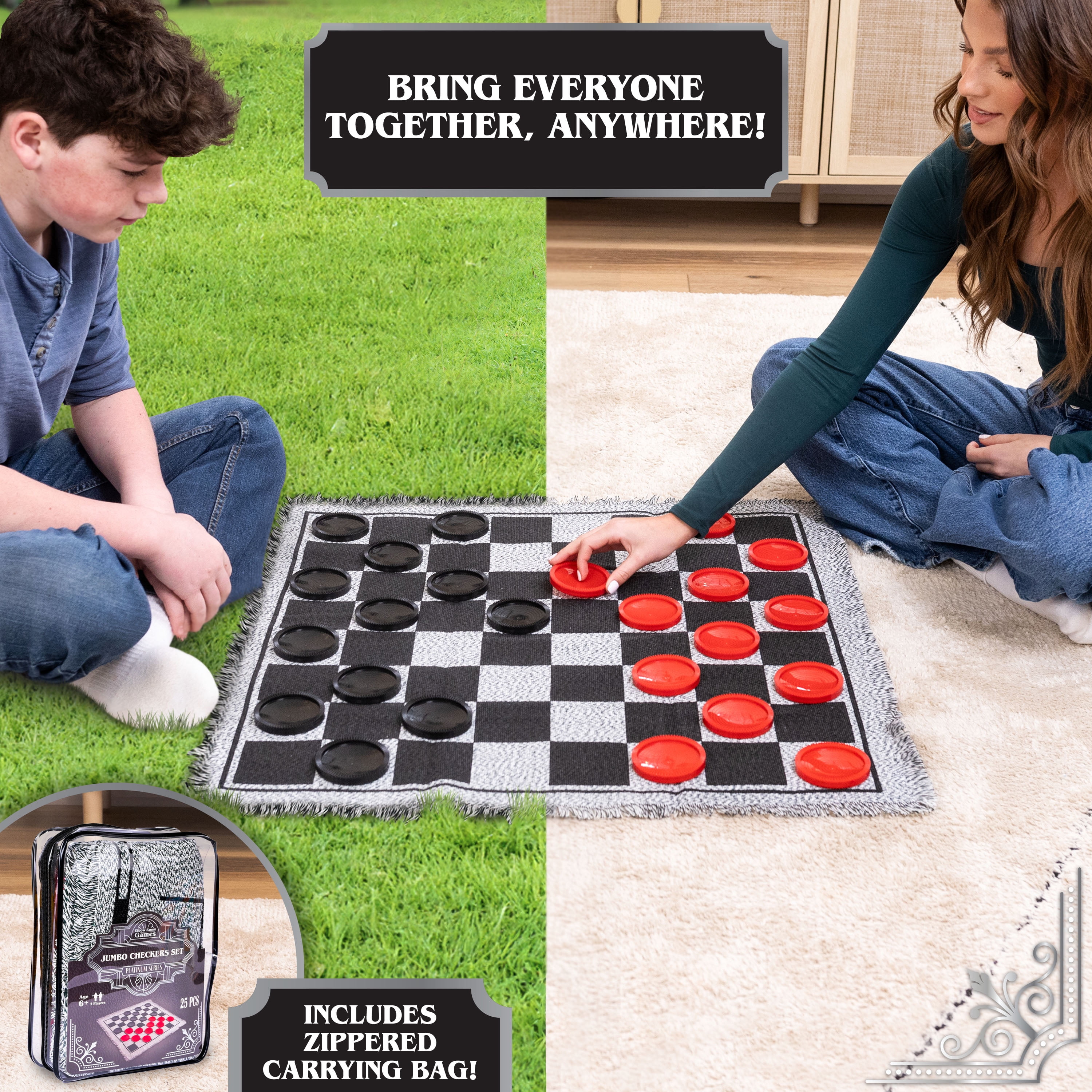 Elbow Room Games Jumbo Checkers Set with Double Sided Cloth Mat and Storage Bag – Includes 25 Extra Large Play Pieces for Outdoor & Indoor Family Events, Includes Tic Tac Toe Bonus Game