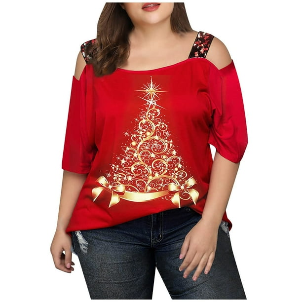 hoksml Christmas Clothes Women Plus Size Tops Christmas Tree Print Graphic  Shirt Cold Shoulder Long Sleeve Strap T-Shirt Casual Blouse L-4XL Clearance