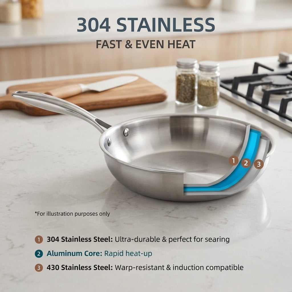 Fenbeli 2-Piece Stainless Steel Fry Pan Set with 9.5 and 11 Inch Skillets, Tri-Ply Base, Cool-Touch Handles, Silver