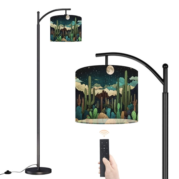 Arc Floor Lamp with Adjustable Lampshade Intricate Stained Glass Cacti Under Silver Moon Standing Lamp 3 Color Temperatures Dimmable Tall Pole Lamp with Foot Switch for Bedroom Sofa Beside Corner