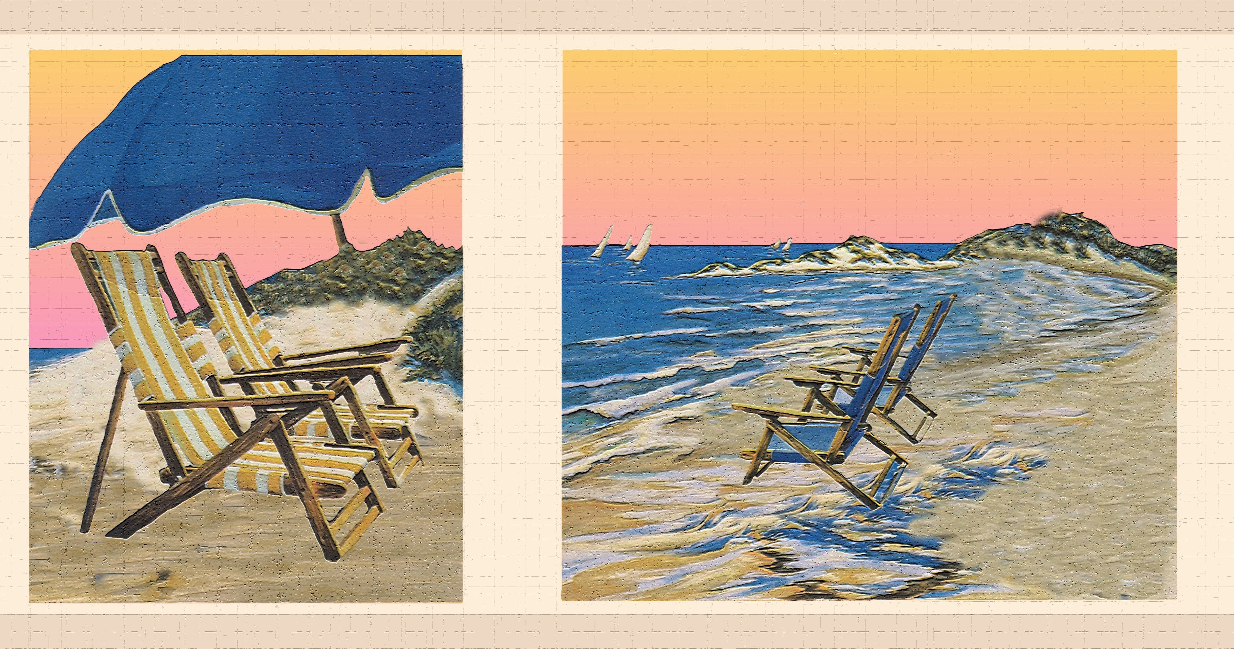 Dundee Deco's Peel and Stick Wallpaper Border - Nature Blue Pink Seashore Wall Border Retro Design, 15 ft x 7 in, Self Adhesive