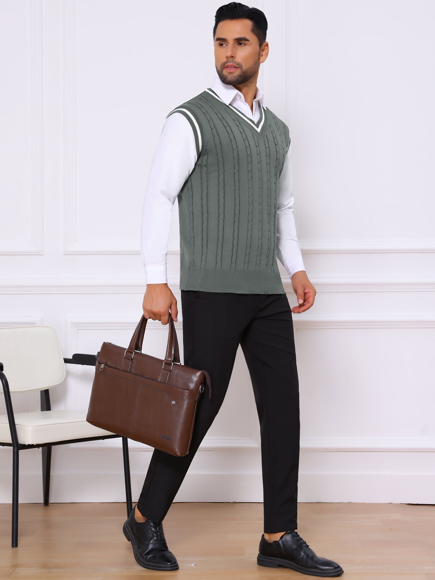 DARING DIVA Men's Solid Color V-Neck Sleeveless Cable Knitted Sweater Vest M Dark Gray