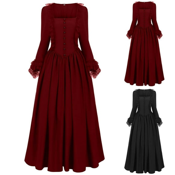 Meichang Gothic Dresses for Women Long Sleeve Square Neck Lace Patchwork A-Line Maxi Dress Halloween Corset Lace Up Steampunk Dresss