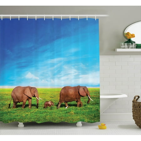 Savannah Bathroom Accessories Elephants Decor Shower Curtain Set, Elephant Family Walking By The Grass African Savannah Sky Landscape Safari Decor, Bathroom Accessories, 69W X 70L Inches, By Ambesonne ()