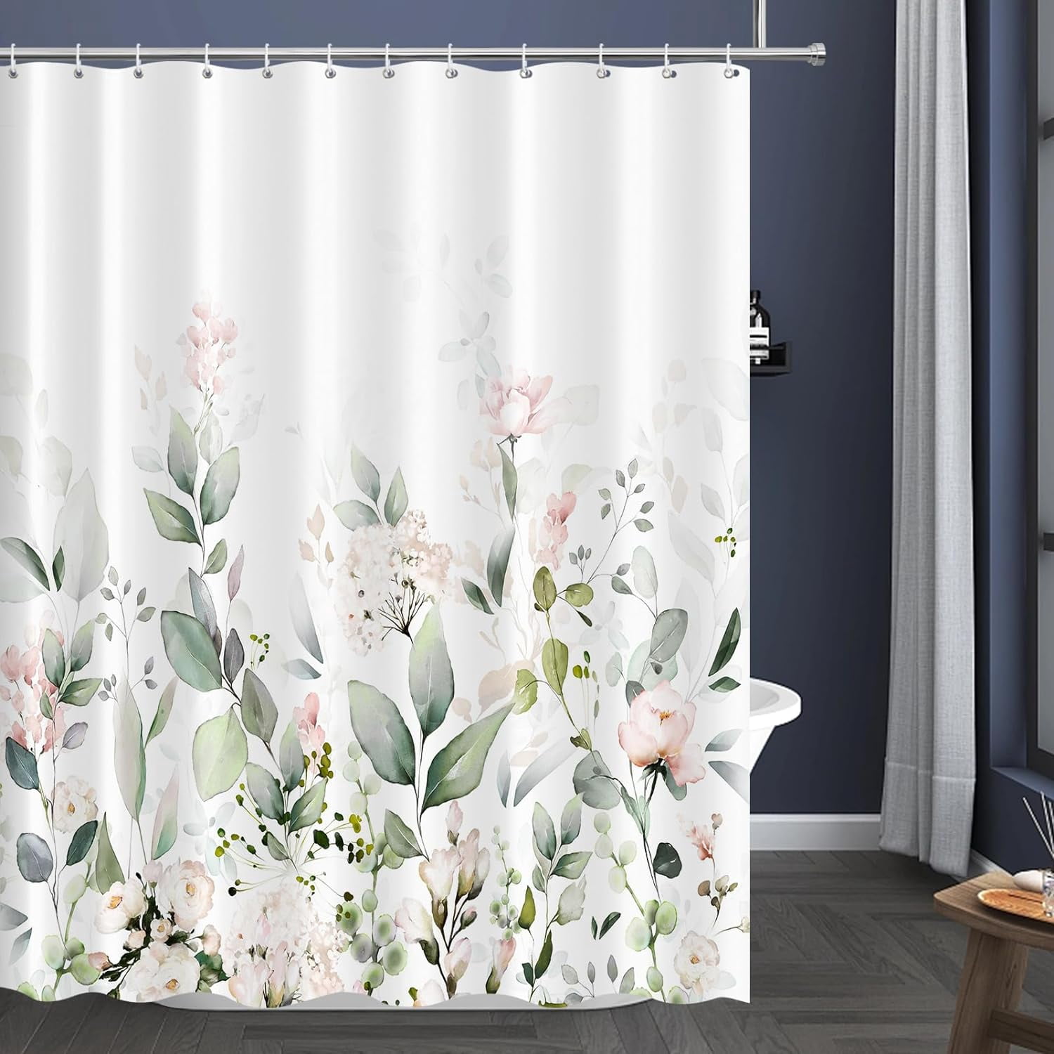 Blomming Bright Blush Pink White Floral Shower Curtain, Watercolor Green Leaves Plant Bathroom Decoration Shower Curtain Sets 71x71 Inch with Hooks