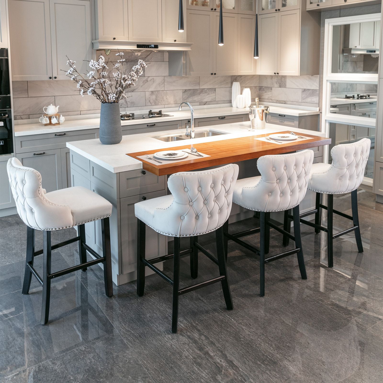 Velvet Counter Height Upholstered Barstools, Bar Stools Seat Height 27", Counter Height Armless Bar Chairs Button Tufted with Solid Wood Legs and Footrest for Kitchen Island Bar Area (Set of 2)