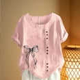 thumbnail image 4 of Xuyuer Women's Casual Linen Round Neck Printed Short Sleeve Button Blouse, Breathable Summer Top for Vacation Wear, Market Days and Relaxed Boho Style, 4 of 5