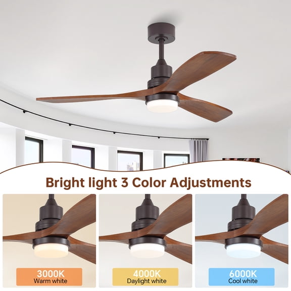 52 Inch Ceiling Fan with Light 3 Wood Blades 3 Color LED Remote Control Reversible DC Motor for Living Room Bedroom