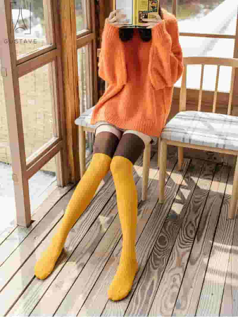Knee High Stockings Yellow Gradient Casual Over Knee High Socks