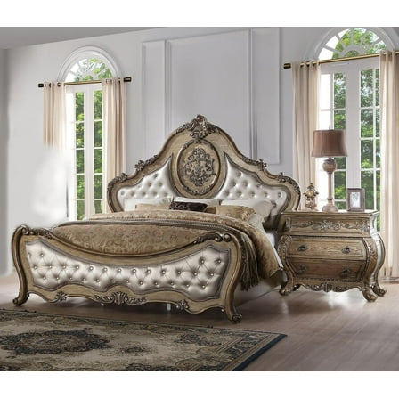 Luxurious Traditional Design 3pc set Queen Bed 2x Nightstands Formal Bedroom Vintage Oak Finish Tufted Headboard Footboard