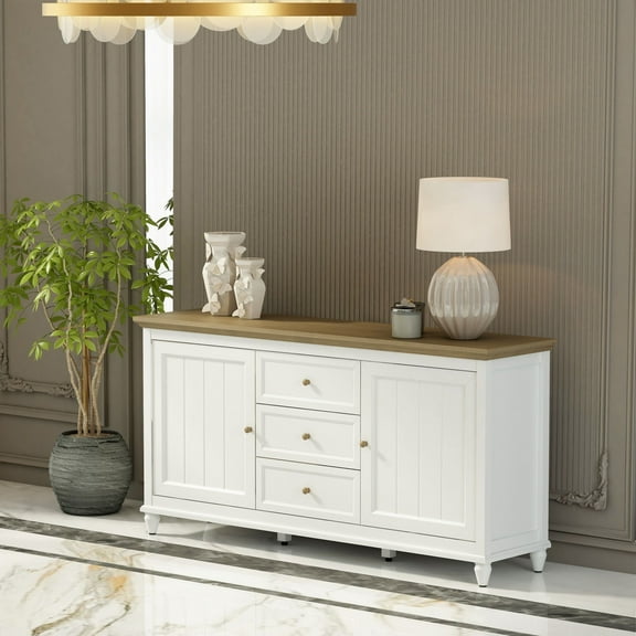 French Sideboard Buffet Credenza - White Brown Storage Cabinet for Dining Room Living Room
