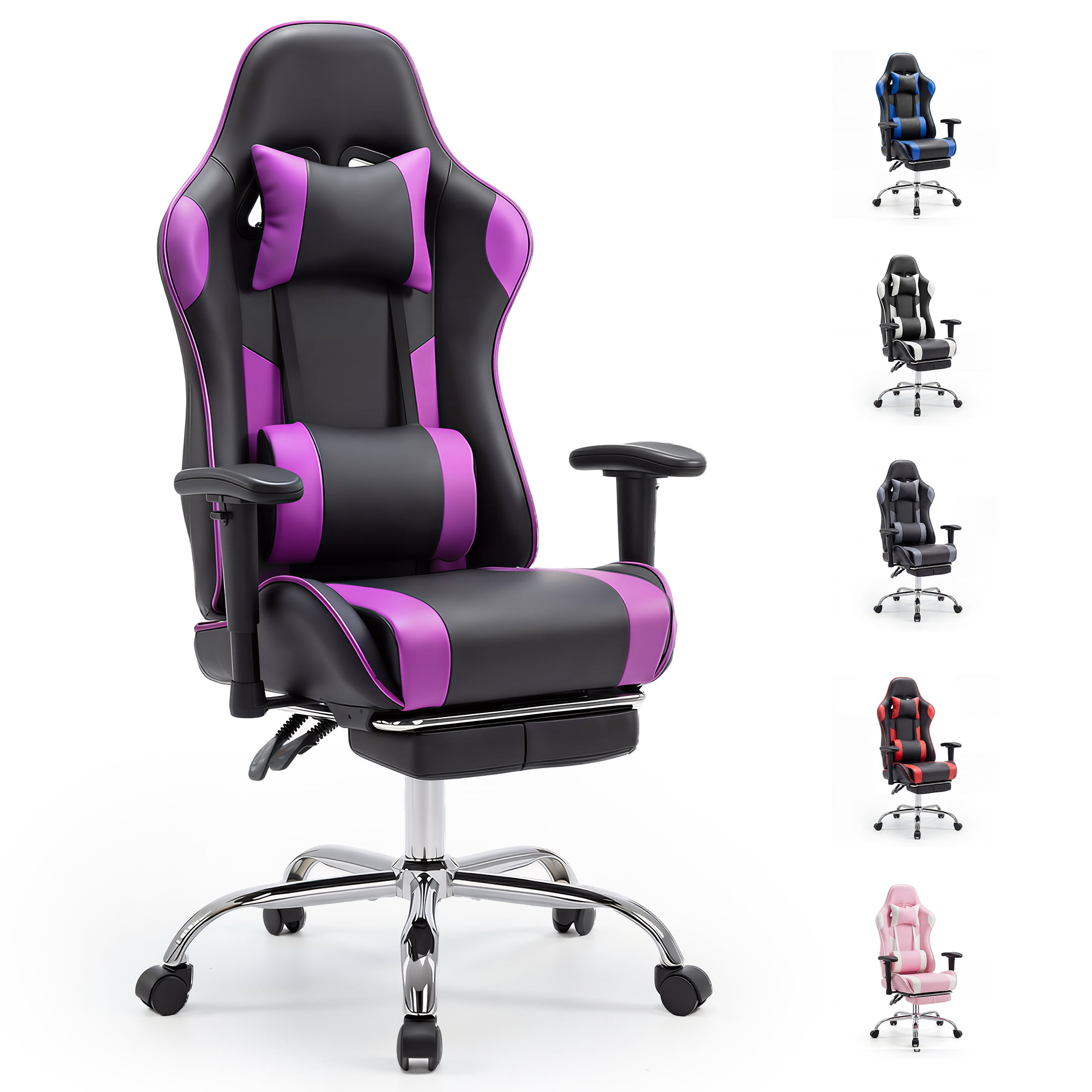 edx Ergonomic Video Gaming Chair High Back Office Chair with Lumbar Support and Adjustable Armrests Footrest Swivel Racing Chair, Black Purple