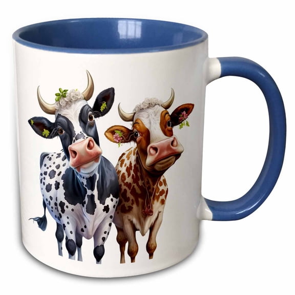 3drose, Cute Inquisitive Cows Illustration, 15oz Two-tone Blue Mug