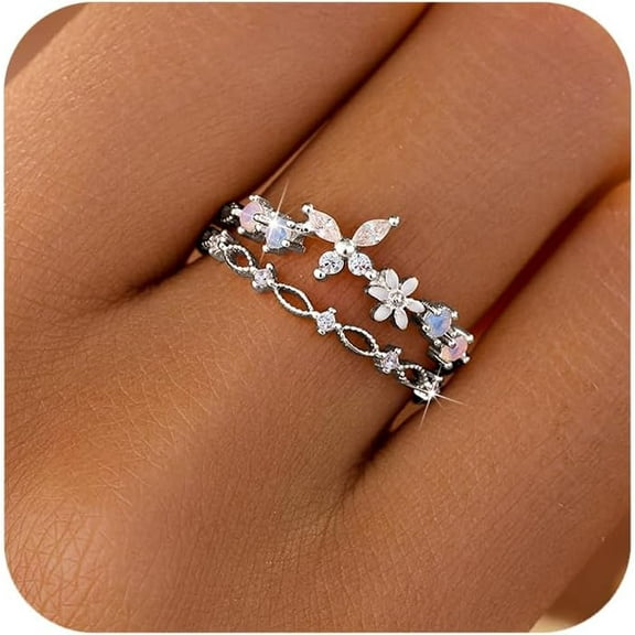 925 Sterling Silver Cute Butterfly Daisy Flower Rings for Women 14K Gold Plated 2 Layered Colorful Opal CZ Floral Boho Stackable Statement Ring Jewelry Birthday Gifts to Daughter