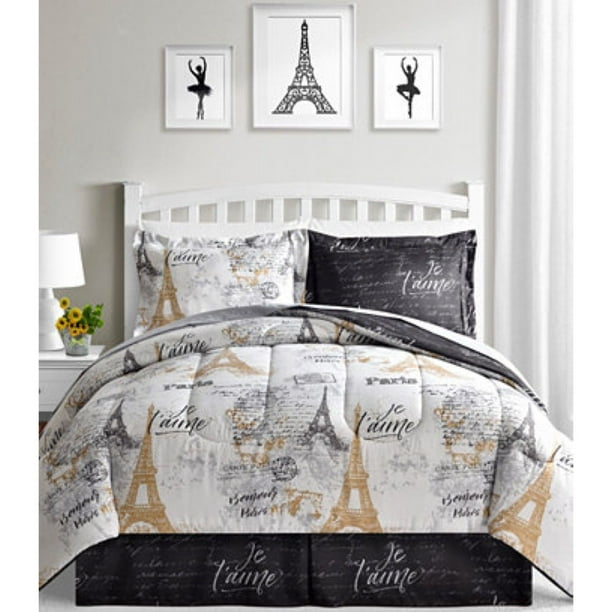 1 duvet cover (106 x 92) & 2 pillow shams (20 x 36 each). paris eiffel tower black white reversible cal king comforter set 8 piece bed in a bag