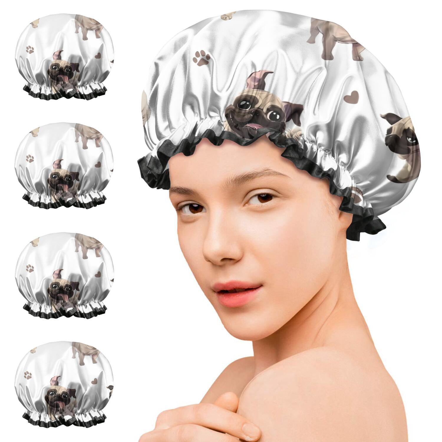 Shower Caps,Pug and Footprint Waterproof Shower Cap for Women 4 Pieces,Double Reusable Hair Cover for Shower PEVA Elastic Stretch Hem